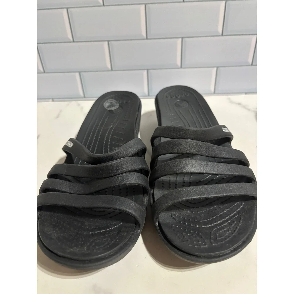 Crocs Rhonda Strappy Wedge Sandals Black Womens Size 8 Slip On Casual Shoes
